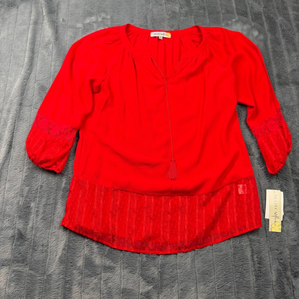 Figueroa & Flower Womens Crimson Red Lace Trim Tassel Blouse JOS773 Size M NWT